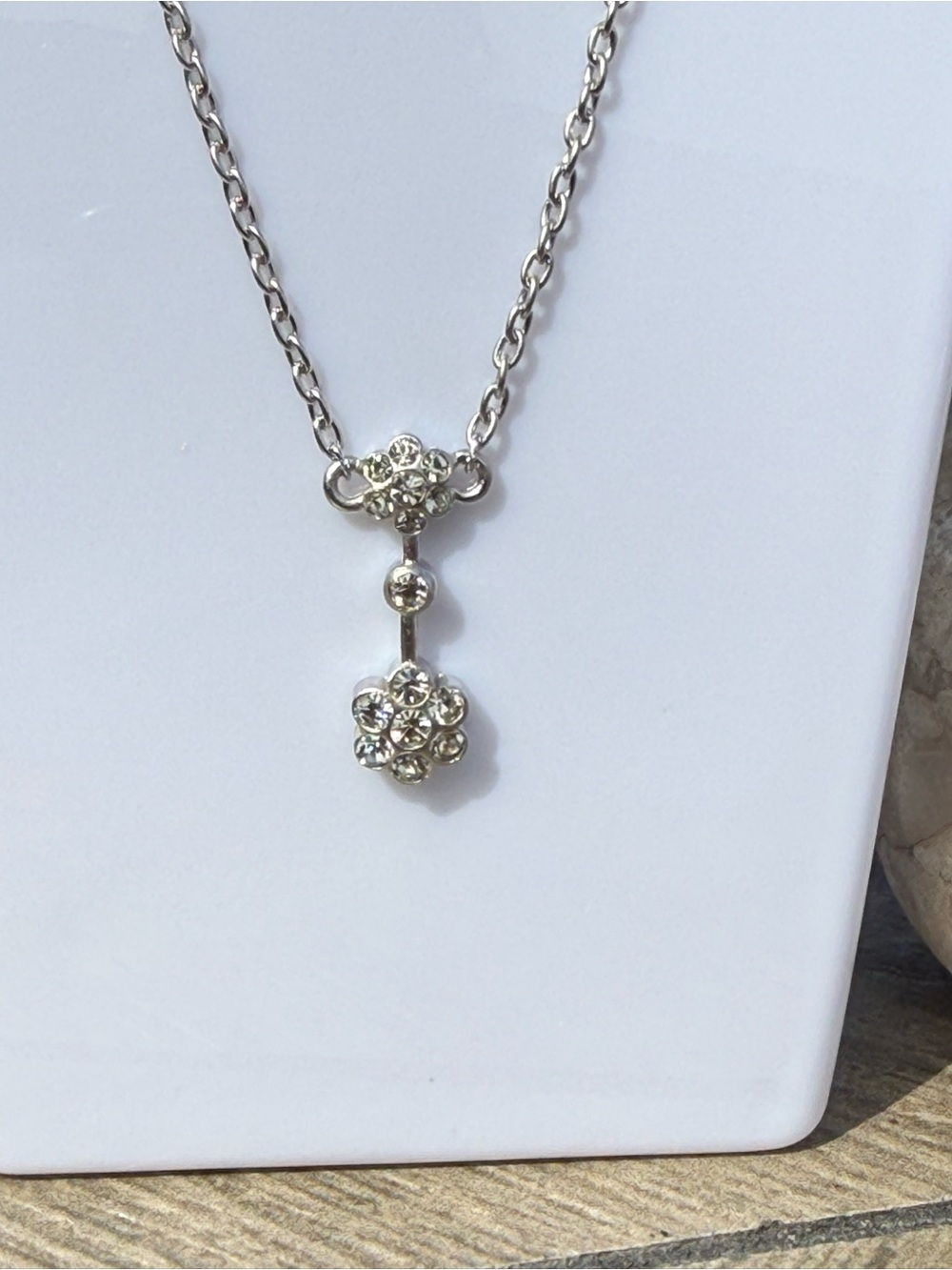 NWT Nina Ricci Silver Crystal Flower Drop Necklace - White